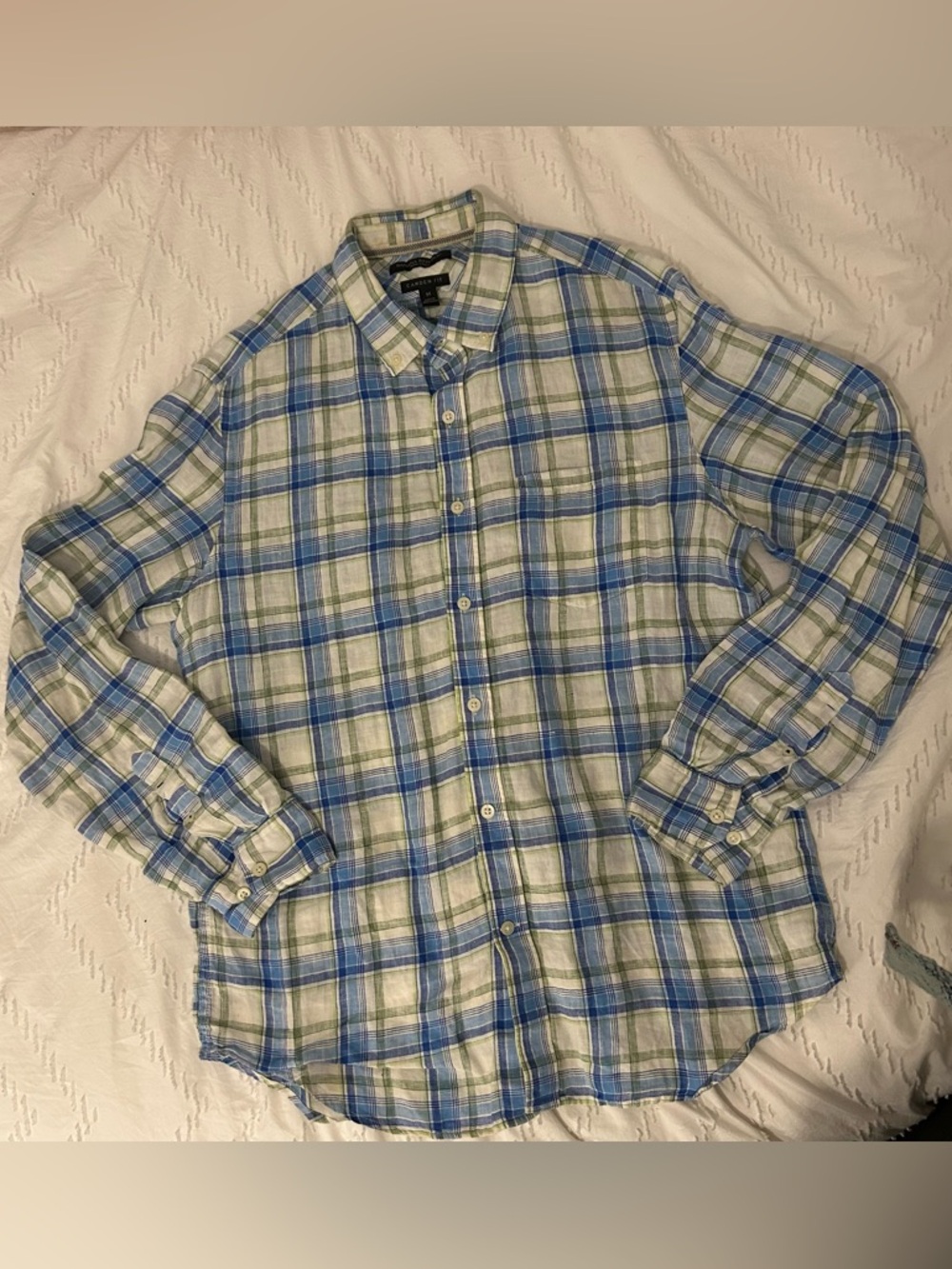 Banana Republic Men’s 100% Linen Button Down Shirt Medium Blue Plaid Camden Fit